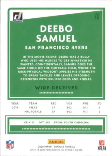 Deebo Samuel 2020 Donruss football card for San Francisco 49ers fans