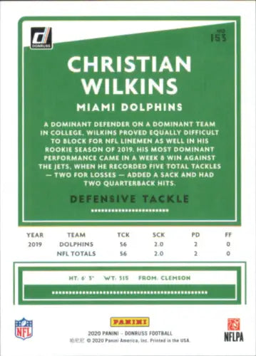 Christian Wilkins Miami Dolphins football card from 2020 Donruss #153 NM-MT condition