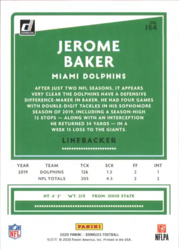 Jerome Baker Miami Dolphins football card from 2020 Donruss #154 NM-MT condition