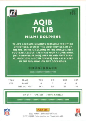 Aqib Talib Miami Dolphins NFL Card 2020 Donruss #156 NM-MT collectible football card