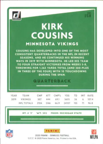 Kirk Cousins Minnesota Vikings 2020 Donruss #158 Football Card NM-MT