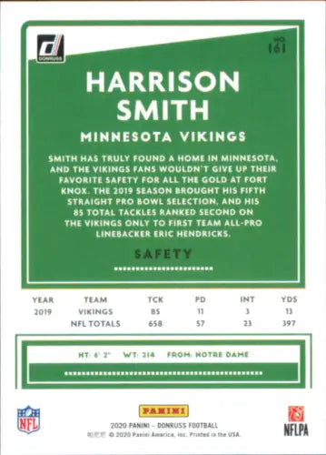 Harrison Smith Minnesota Vikings NFL Card from 2020 Donruss #161, NM-MT condition