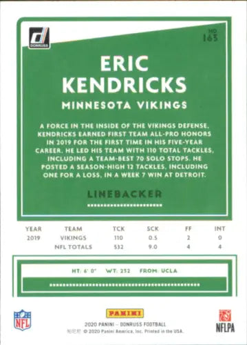 Eric Kendricks Minnesota Vikings football card from 2020 Donruss #163 NM-MT condition