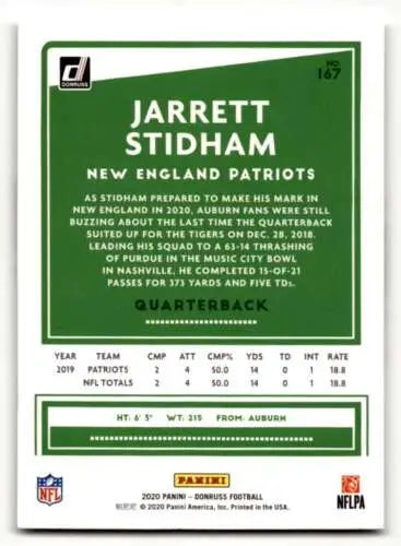 2020 Donruss #167 Jarrett Stidham New England Patriots football card with original gloss