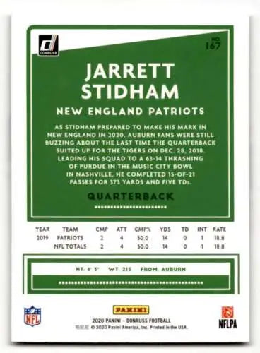 2020 Donruss #167 Jarrett Stidham New England Patriots Football Card with original gloss