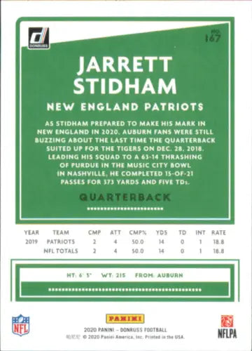 Jarrett Stidham 2020 Donruss New England Patriots Football NFL Card NM-MT