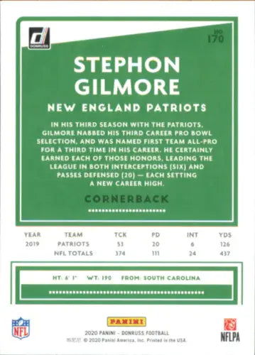 Stephon Gilmore 2020 Donruss Football Card New England Patriots NFL Collectible