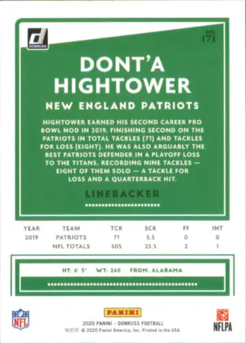 Dont’a Hightower NFL card featuring the New England Patriots from 2020 Donruss collection