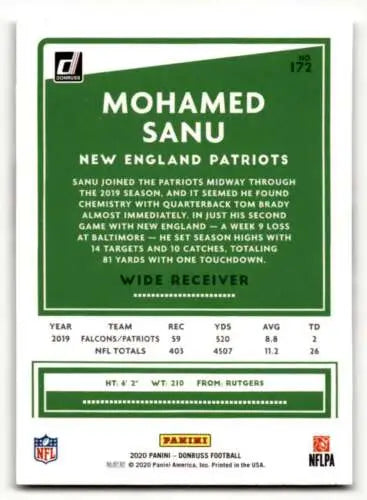 2020 Donruss #172 Mohamed Sanu New England Patriots football card with original gloss