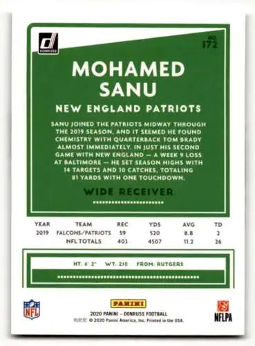 2020 Donruss #172 Mohamed Sanu New England Patriots football card with original gloss