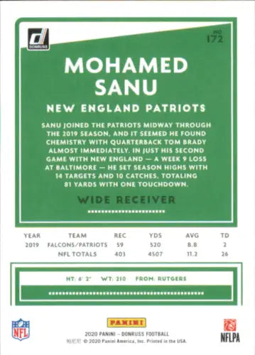 Mohamed Sanu New England Patriots Football NFL Card from 2020 Donruss collection