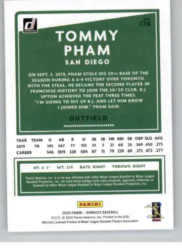 2020 Donruss #174 Tommy Pham NM-MT Padres baseball card with original gloss design