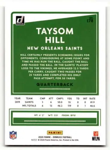 Taysom Hill New Orleans Saints football card featuring original gloss design