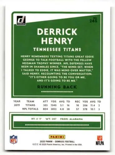 Derrick Henry Tennessee Titans football card 2020 Donruss #245 with original gloss quality