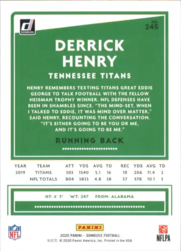 Derrick Henry Tennessee Titans Football Card 2020 Donruss #245 NM-MT Condition