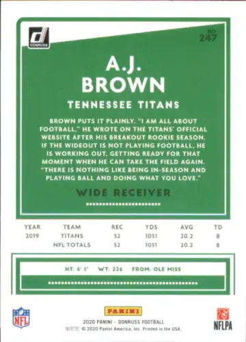 A.J. Brown 2020 Donruss Tennessee Titans Football NFL Card NM-MT collectible item