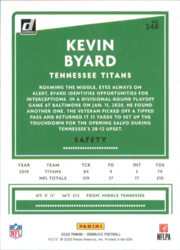 Kevin Byard Tennessee Titans football card from 2020 Donruss #248 in NM-MT condition