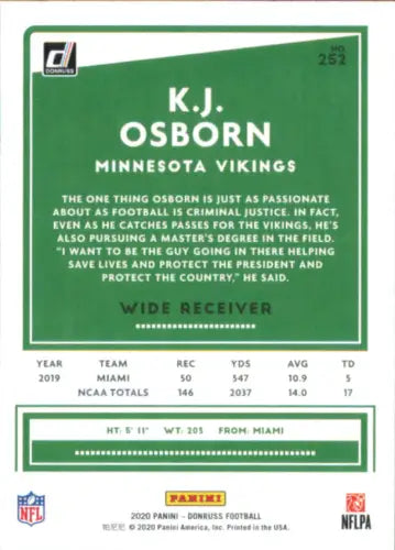 K.J. Osborn Rookie Minnesota Vikings Football card from 2020 Donruss #252 NM-MT