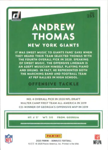 Andrew Thomas Rookie Card from 2020 Donruss for New York Giants collectors