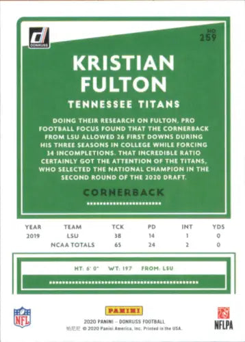 Kristian Fulton rookie football card from 2020 Donruss for Tennessee Titans fans