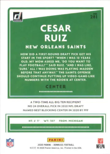 Cesar Ruiz Rookie card from the 2020 Donruss NFL set for New Orleans Saints