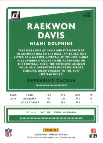 Raekwon Davis Rookie Miami Dolphins Football Card from 2020 Donruss #284 NM-MT