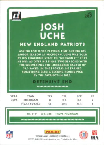 Josh Uche Rookie 2020 Donruss #287 New England Patriots NFL Football Card NM-MT