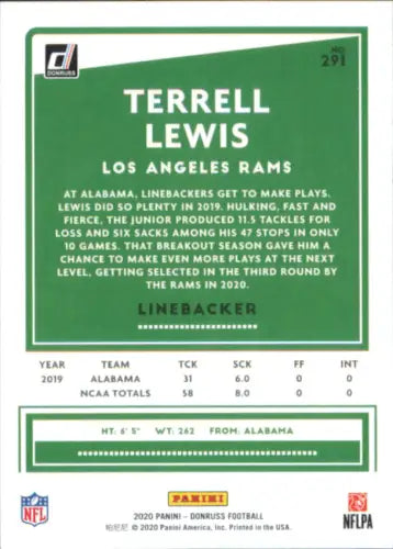 Terrell Lewis Rookie NFL Card showcasing Los Angeles Rams player from Donruss 2020