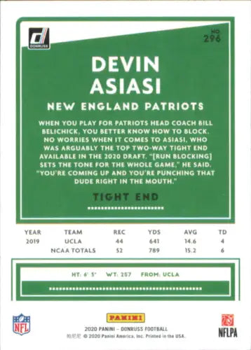 Devin Asiasi Rookie card from 2020 Donruss featuring New England Patriots logo