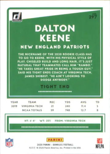 Dalton Keene Rookie football card from 2020 Donruss New England Patriots collection