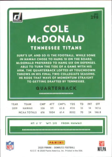 Cole McDonald Rookie Tennessee Titans Football Card from 2020 Donruss collection NM-MT