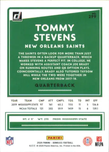 Tommy Stevens Rookie card from 2020 Donruss New Orleans Saints NFL collection