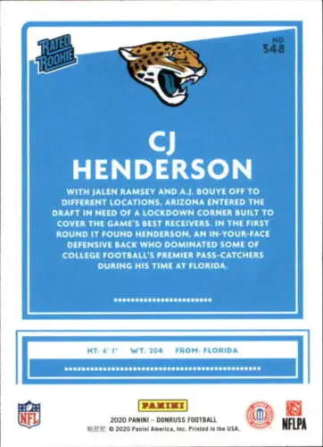 CJ Henderson football card from 2020 Donruss #348 with original gloss, NM-MT RC rookie