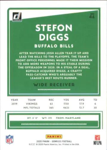 Buffalo Bills football trading card featuring Stefon Diggs in green border design