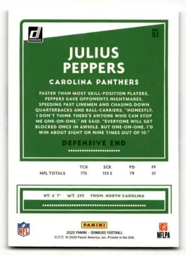 2020 Donruss #51 Julius Peppers Carolina Panthers Football Card with original gloss