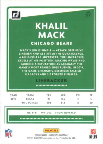 Khalil Mack Chicago Bears Football Card from 2020 Donruss #57 in NM-MT condition