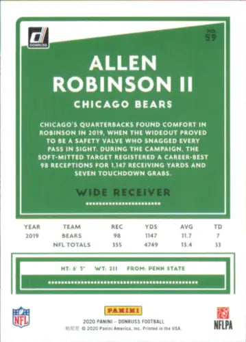 Allen Robinson II Chicago Bears football card from 2020 Donruss NM-MT condition