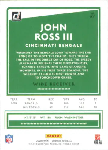 John Ross III Cincinnati Bengals football card from 2020 Donruss #67 NM-MT condition