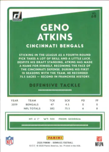 Geno Atkins Cincinnati Bengals football card from 2020 Donruss #68 NM-MT condition