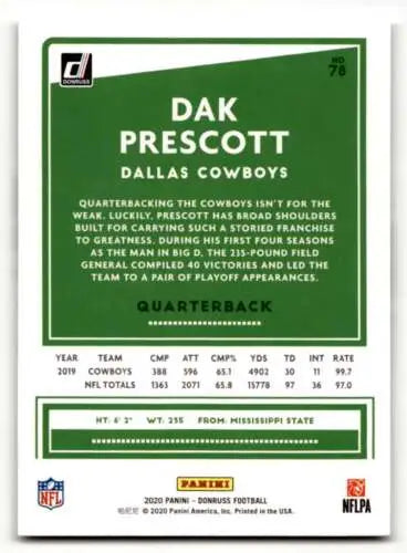 2020 Donruss #78 Dak Prescott Dallas Cowboys Football Card with original gloss finish