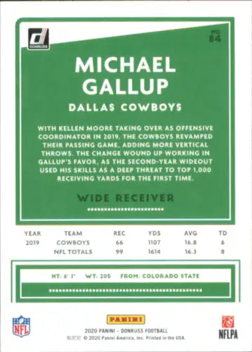 Michael Gallup Dallas Cowboys football card from 2020 Donruss #84 NM-MT quality