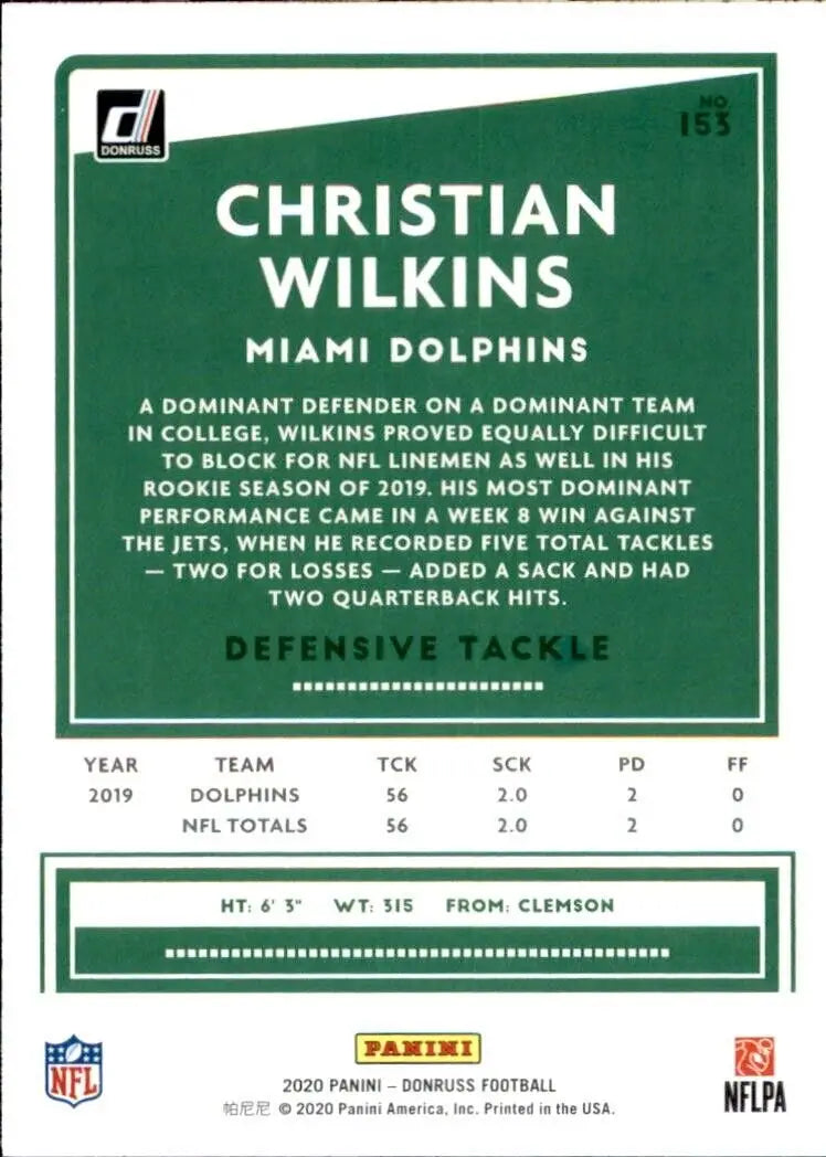 2020 Donruss Christian Wilkins Yellow Miami Dolphins Football Card #153