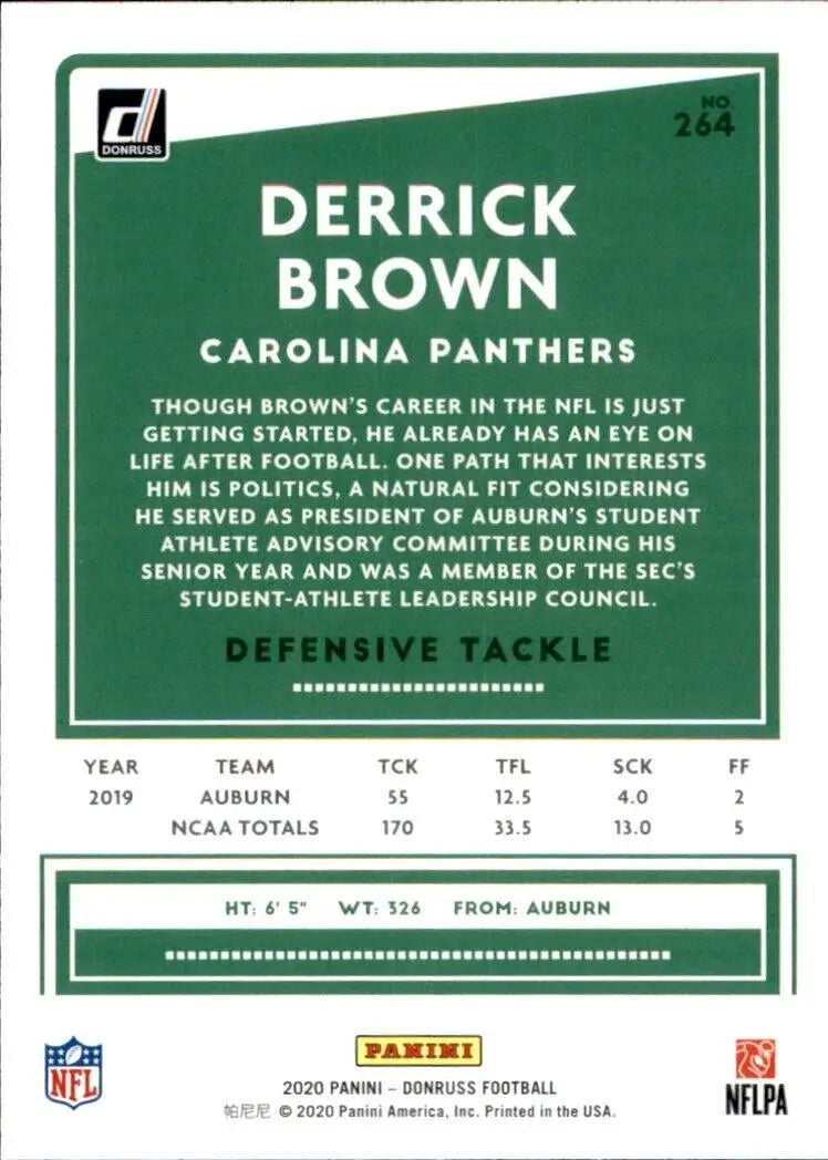 Derrick Brown football card from 2020 Donruss, featuring the yellow rookie design