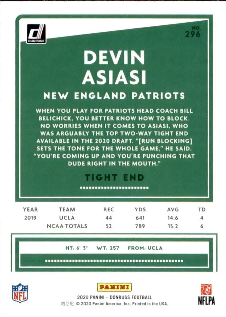 Devin Asiasi Yellow Rookie football card from 2020 Donruss New England Patriots #296