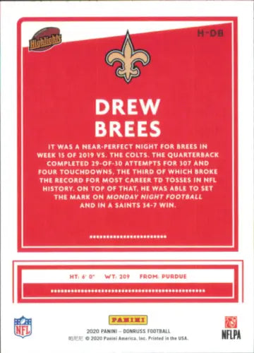 Drew Brees 2020 Donruss Highlights football card for New Orleans Saints collectors