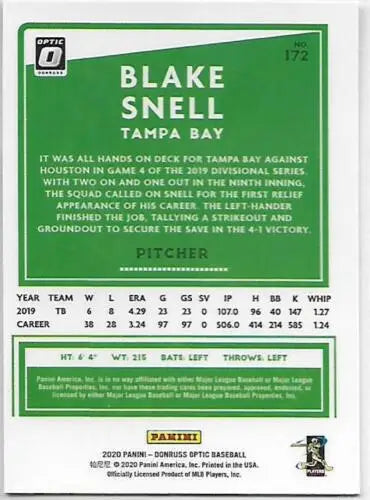 Blake Snell baseball card from 2020 Donruss Optic featuring original gloss design