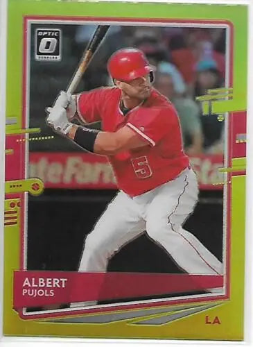 Baseball card of Albert Pujols in red Angels uniform, Donruss Optic Lime Green