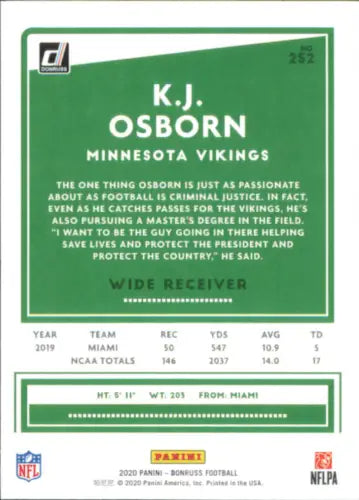 2020 Donruss Press Proof Blue #252 K.J. Osborn Rookie Minnesota Vikings Football Card