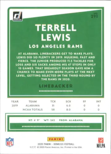 Terrell Lewis Rookie Card 2020 Donruss Press Proof Blue Los Angeles Rams NM-MT