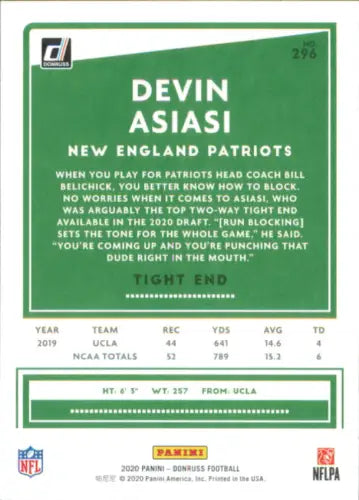 Devin Asiasi 2020 Donruss Press Proof Blue Rookie Football Card New England Patriots